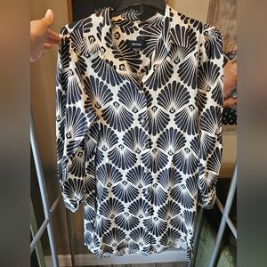 NWT Karen Kane Blouson Sleeve 100% Linen Shirtdress Black Print On Cream size XL